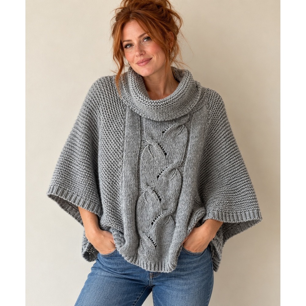 Anthropologie Elsamanda Italy Grey Alpaca Blend Cable Knit Cowl Neck Poncho OS